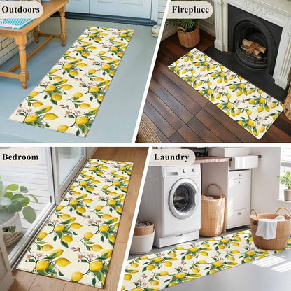 Area Rugs 2x6 for Kitchen Runner Rug, Lemons Non Slip Washable Rug Runner, Summer Botanical Yellow Fruit Leaves Flowers Low Pile Indoor Floor Carpet Mat Bathroom Rugs for Bedroom, Kids Room