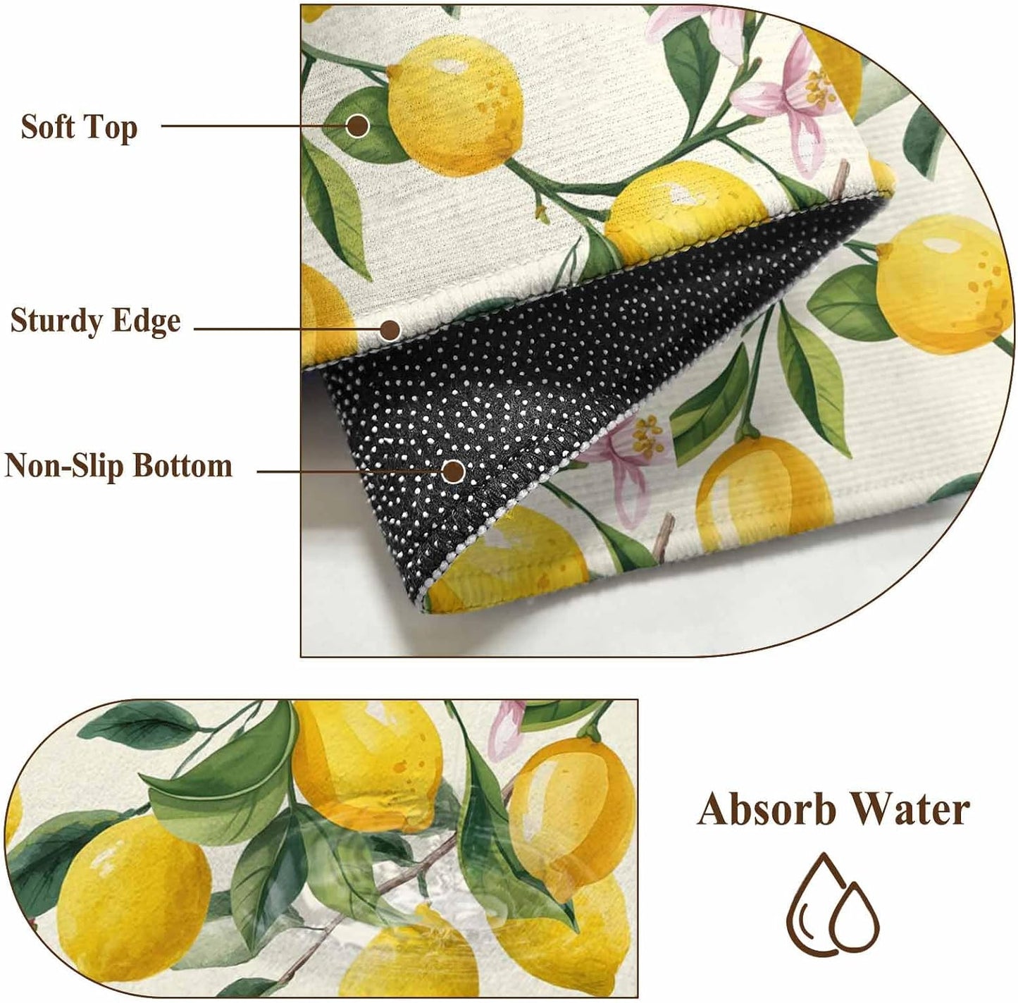 Area Rugs 2x6 for Kitchen Runner Rug, Lemons Non Slip Washable Rug Runner, Summer Botanical Yellow Fruit Leaves Flowers Low Pile Indoor Floor Carpet Mat Bathroom Rugs for Bedroom, Kids Room