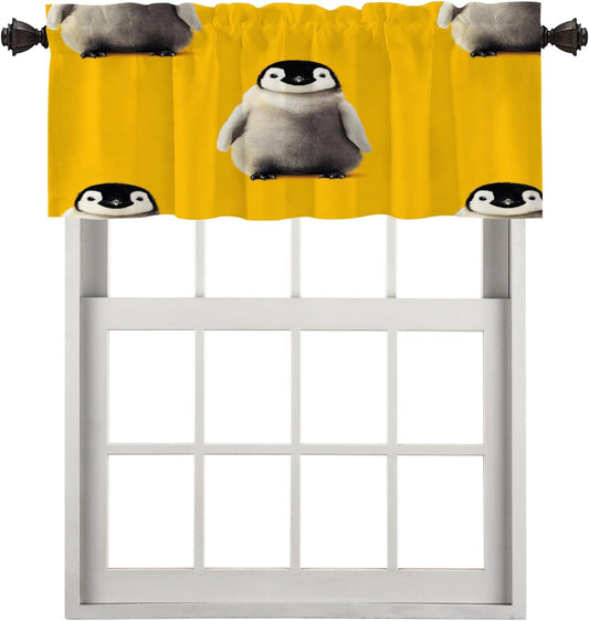 Cute Penguin Blackout Kitchen Curtain, Baby Penguins On Yellow Window Treatment Rod Pocket Light Filtering Bathroom Short Valance 1 Pack 52X18 Inches