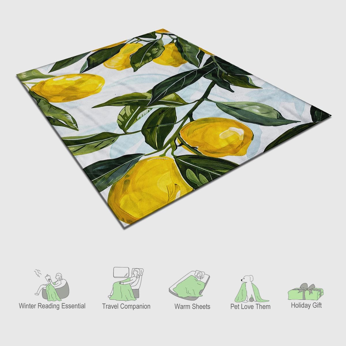 Lemon Throw Blanket, Yellow Fruits Green Leaves Pattern, Decorative Blankets Fuzzy Gifts for Sofa Couch Bedroom (40" x 30")