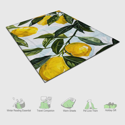 Lemon Throw Blanket, Yellow Fruits Green Leaves Pattern, Decorative Blankets Fuzzy Gifts for Sofa Couch Bedroom (40" x 30")