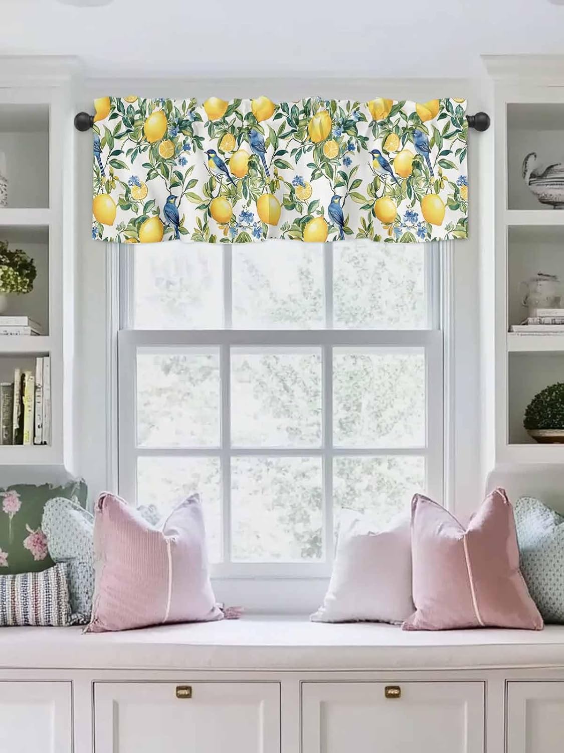 Chinoiserie Tropical Valances for Windows Yellow Lemon Blue Bird Pattern Kitchen Valance Curtains for Living Room/Bathroom Windows，Rod Pocket Cafe Curtain,1 Panel, 42" x12