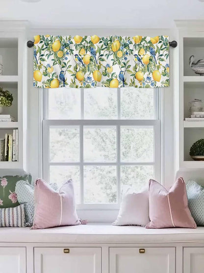 Chinoiserie Tropical Valances for Windows Yellow Lemon Blue Bird Pattern Kitchen Valance Curtains for Living Room/Bathroom Windows，Rod Pocket Cafe Curtain,1 Panel, 42" x12