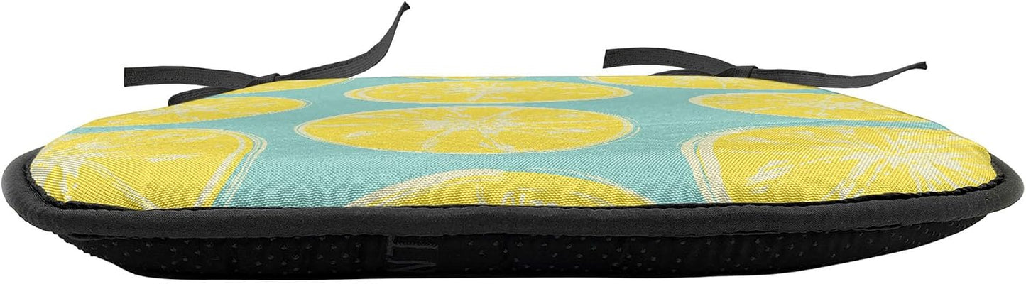 Lunarable Yellow and Blue Chair Seating Cushion Set of 12, Citrus Pattern in Hand Drawn Style Watercolor Grunge Lemon Slices, Anti-Slip Seat Padding for Kitchen & Patio, 16"x16", Turquoise and Yellow