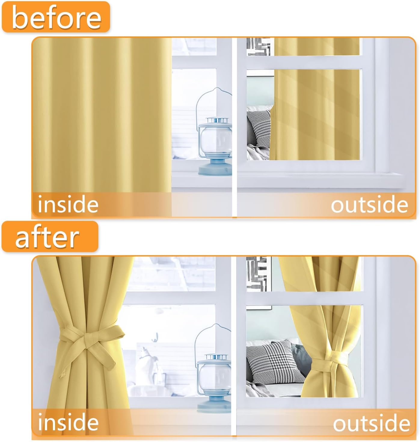 Hiasan Blackout Curtains for Bedroom - Thermal Insulated & Energy Saving Window Curtains for Living Room, 2 Drape Panels Sewn with Tiebacks, Light Yellow, 42 x 54 Inch