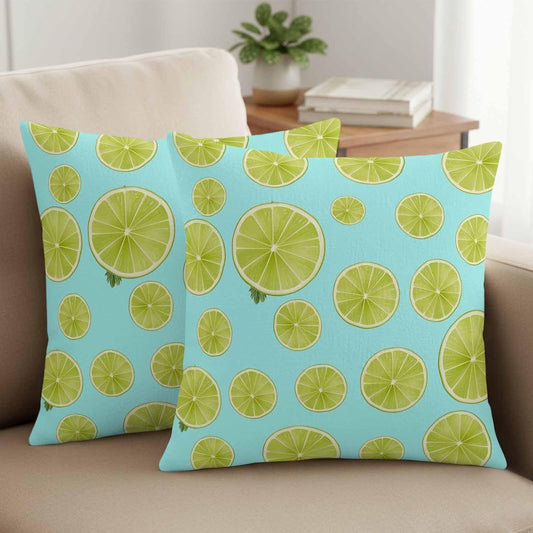 Set of 2 Summer Fruit Pillow Covers 18x18 Inch, Watercolor Green Lemon Slice Blue Background Decorative Throw Pillow Cases Cotton Cushion Covers for Sofa Couch Bed Living Room Bedroom Home Decor