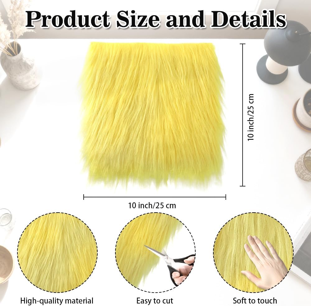Faux Fur Fabric Fake Fluffy Fuzzy Fabrics Faux Fur for Crafts Square Shaggy Fur Patches for Halloween Christmas Costume Decorations Chair Cover Seat Cushion Pad DIY Craft Supplies 10 x 10 Inch Yellow