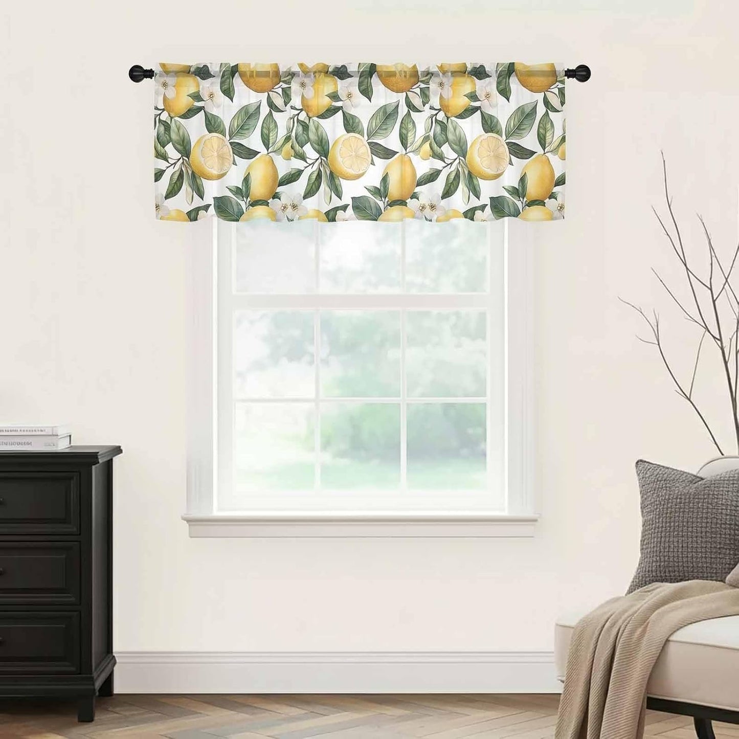 Summer Lemon Sheer Curtain 18 Inch Long Flower Leaves Light Filtering Rod Pocket Voile Curtain Valance for Bedroom Kitchen Cafe Window 54" W x 18" L