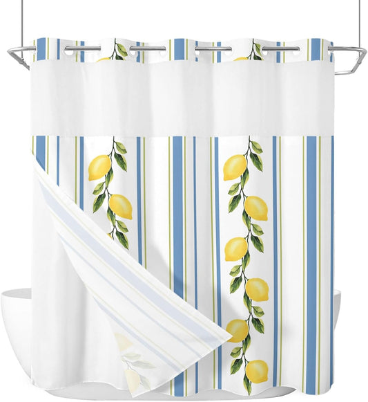 QueenKer Lemon Striped Shower Curtains Set Yellow Fruit Blue White No Hook Shower Curtains with Snap in Liner 72" x 72" Waterproof Fabric See Through Top Sheer Window for Bathroom Shower Room