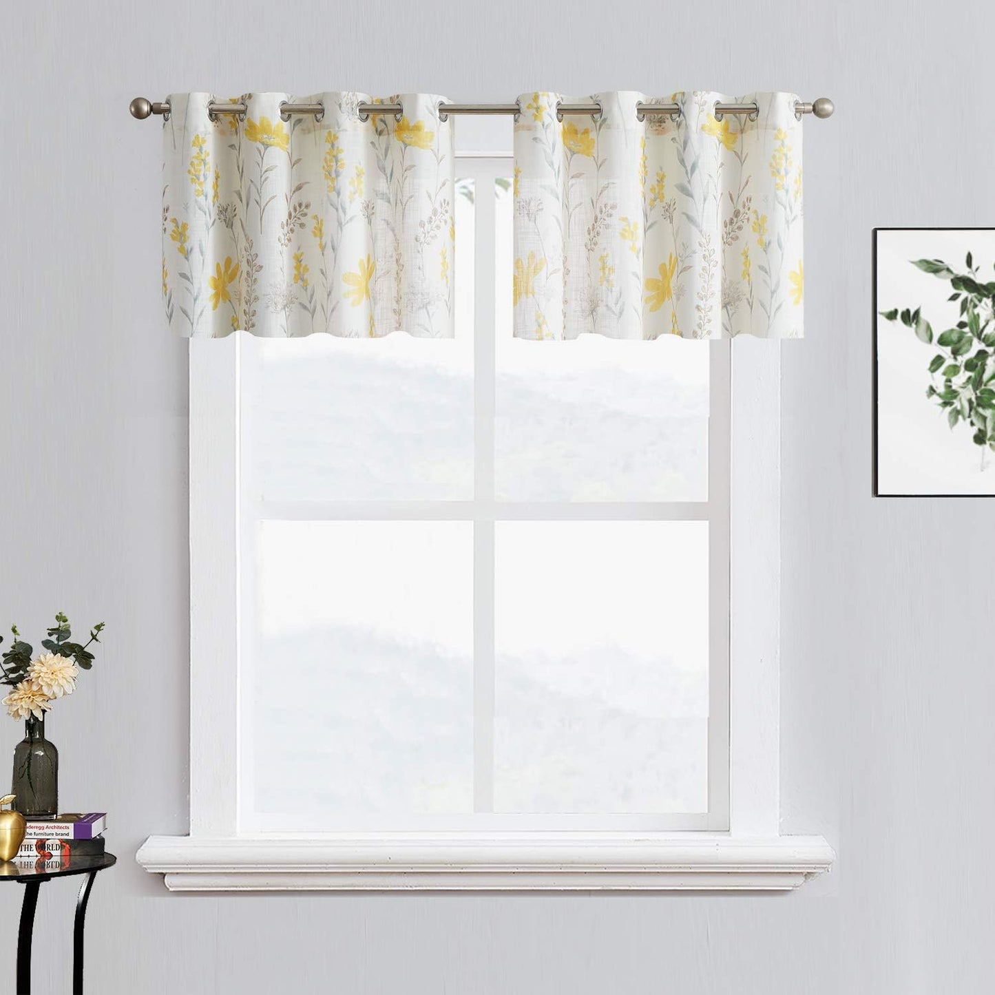 July Joy Printed Kitchen Valance Linen Textured 18-inches Floral Leaf Design Farmhouse Style Window Panel Drapes Set Grommet Treatment for Basement Café Room, 52 x 18 inch, Yellow