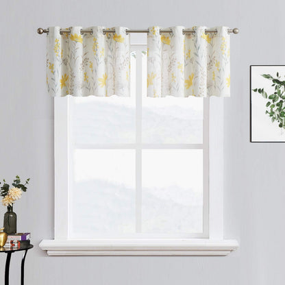 July Joy Printed Kitchen Valance Linen Textured 18-inches Floral Leaf Design Farmhouse Style Window Panel Drapes Set Grommet Treatment for Basement Café Room, 52 x 18 inch, Yellow
