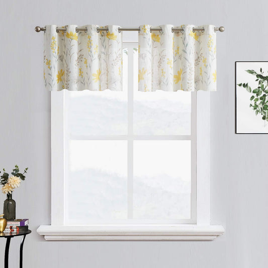 July Joy Printed Kitchen Valance Linen Textured 18-inches Floral Leaf Design Farmhouse Style Window Panel Drapes Set Grommet Treatment for Basement Café Room, 52 x 18 inch, Yellow