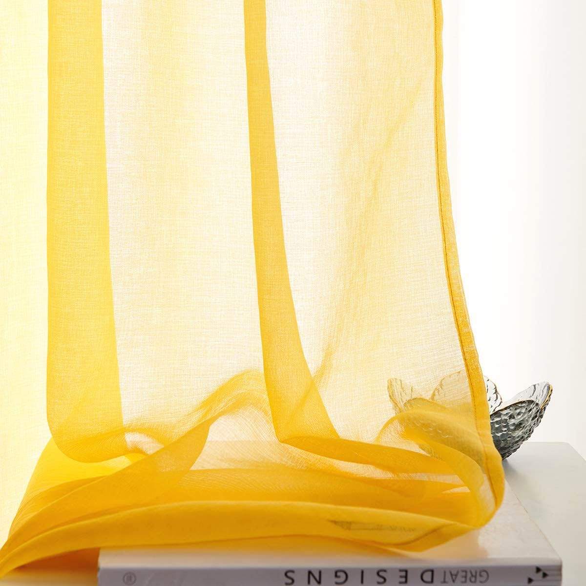 Butter Yellow Sheer Curtains 72 Inches Long Semi Faux Linen Yellow Sheers Curtain for Bedroom Living Room Girls Kids Room 2 Panels 52x72 Inch Length Gold