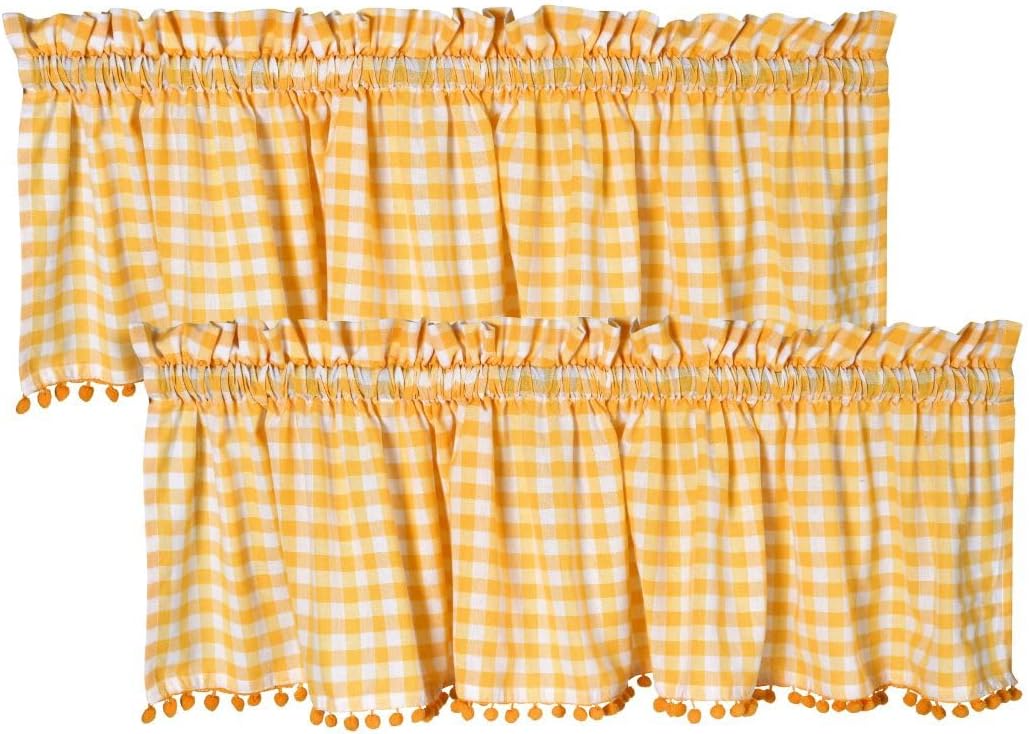 2 Panels Curtain Valances for Kitchen Windows, Bathroom, Living Rooms - Rod Pocket Short Curtain Topper Window Treatment - Farmhouse Rustic Window Valances (2 Pack, W60 x L14, Yellow)