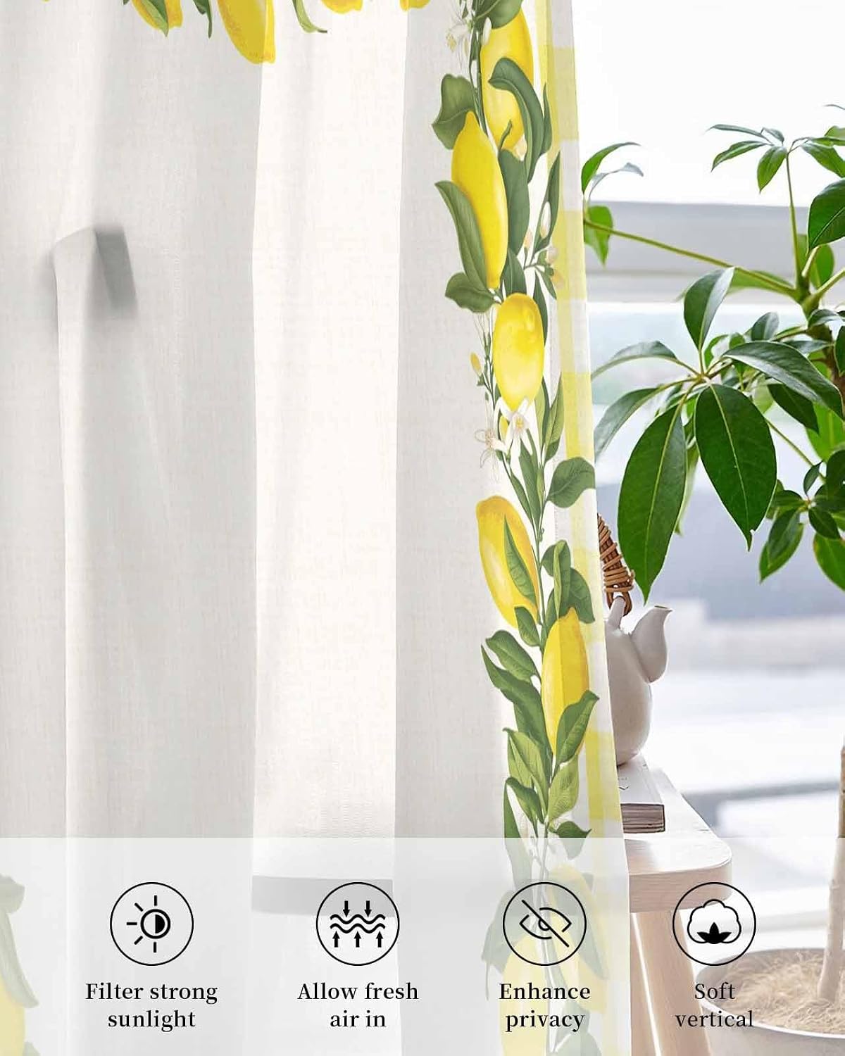 Sheer Curtains 52x54 Inch Length Summer Farmhouse Fruit Lemon Yellow Buffalo Plaid Semi Sheer Curtains Voile Grommet Drapes Chiffon Window Curtain for Living Room Bedroom Kitchen Nursery, 1 Panel