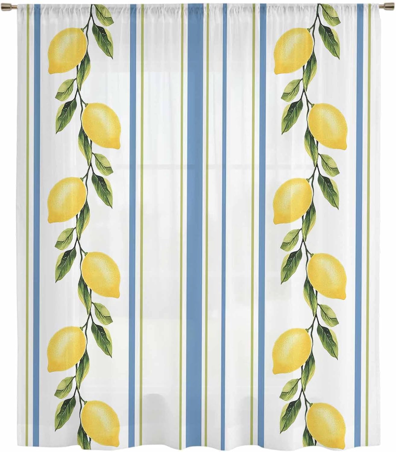 Lemon Striped Sheer Curtains 72 Inch Length Yellow Fruit Blue White Geometric Chiffon Curtain for Bedroom Living Room Light Filtering Rod Pocket Window Treatments Voile Curtains Drapes for Dining