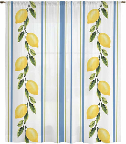Lemon Striped Sheer Curtains 72 Inch Length Yellow Fruit Blue White Geometric Chiffon Curtain for Bedroom Living Room Light Filtering Rod Pocket Window Treatments Voile Curtains Drapes for Dining