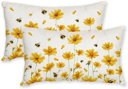 AACORS Spring Pillow Covers 12X20 Set of 2,Daisy Bee Decorations Farmhouse Seasonal Summer Pillow Case Decor for Sofa Couch （Yellow） AA058-12-2