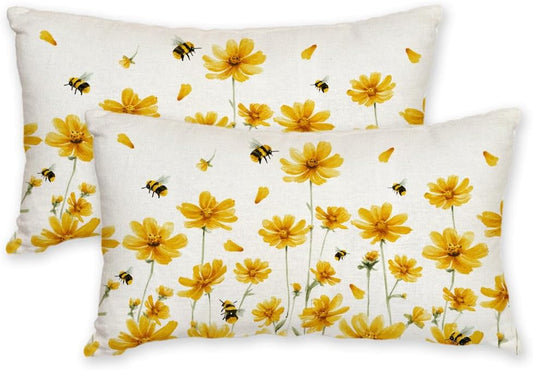 AACORS Spring Pillow Covers 12X20 Set of 2,Daisy Bee Decorations Farmhouse Seasonal Summer Pillow Case Decor for Sofa Couch （Yellow） AA058-12-2