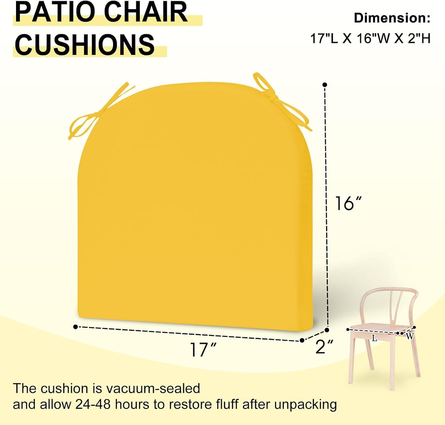 downluxe Outdoor Chair Cushions Set of 2 for Patio Furniture, Water-Resistant Patio Chair Cushions with Ties, High Density Foam Outdoor Seat Cushion, 17" X 16" X 2", Yellow