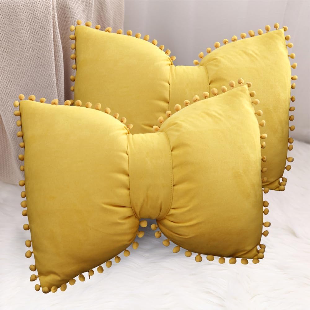 14x20 Decorative Throw Pillow Covers with Pom Poms Bow Velvet Pillow Cases for Room Bed Sofa Couch Yellow x2