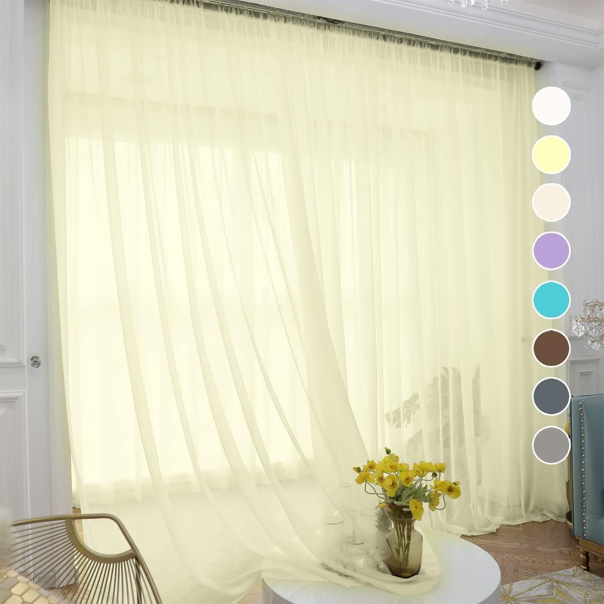 ABCHOME Light Yellow Sheer Curtains 84 Inches Long 2 Panels,Rod Pocket Voile Semi Sheer Window Curtains for Kitchen, Bedroom and Living Room (Light Yellow, 52 W x 84 L)