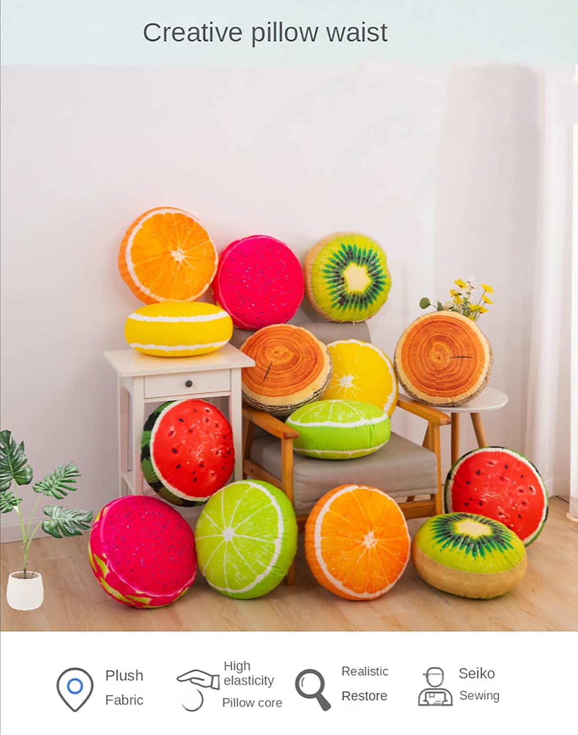 Fruit Pillow Home Sofa Pillow Plush Cushion Shaped Round Cushion Pillow.(13 inches, Yellow - Lemon)