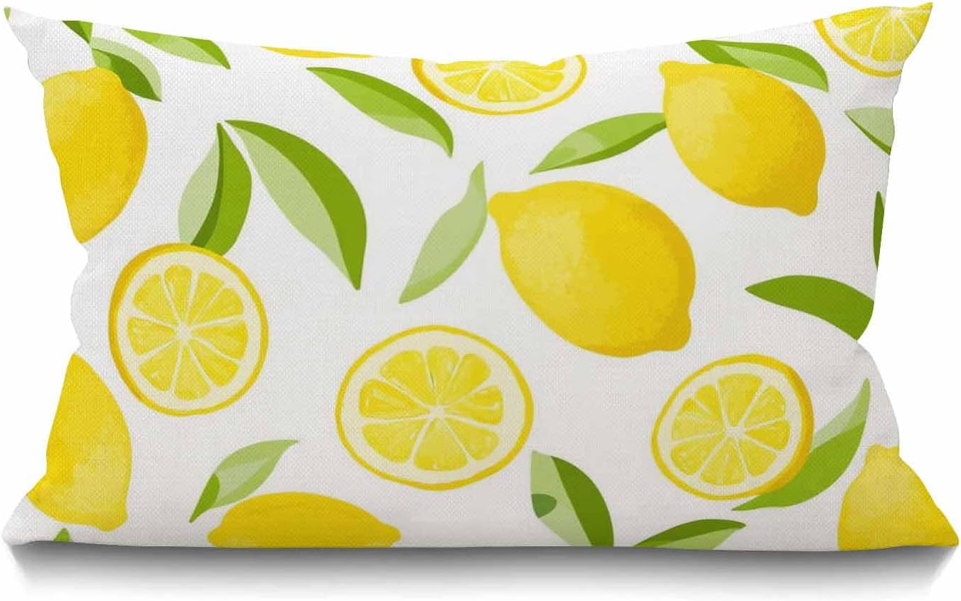 Smooffly Lemon Fruit Leaves Cotton Linen Throw Lumbar Pillow Case Cushion Cover Home Office Decorative Rectangle 12 X 20 Inches