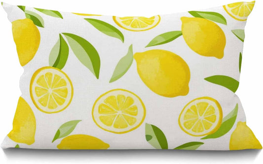 Smooffly Lemon Fruit Leaves Cotton Linen Throw Lumbar Pillow Case Cushion Cover Home Office Decorative Rectangle 12 X 20 Inches
