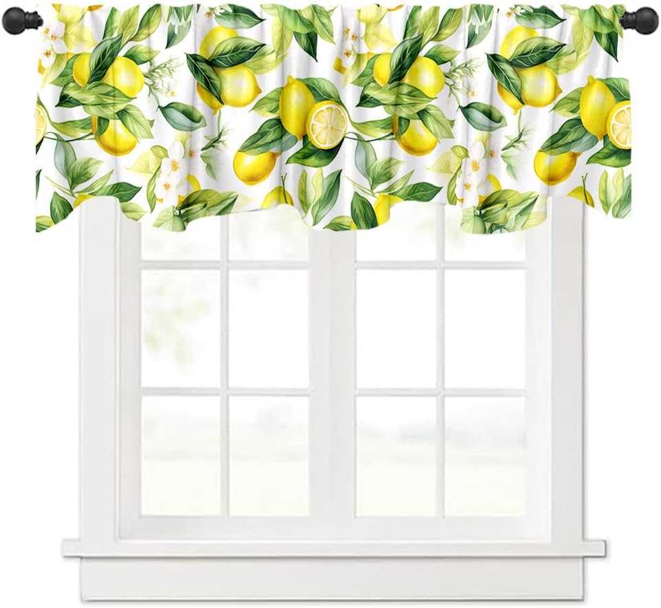 Yongqian 18x54inch Lemon Fruit Window Treatment Valance Watercolor Print Green Leaves Yellow Lemon Window Valance with Rod Pocket Kitchen Dining Room Decoration