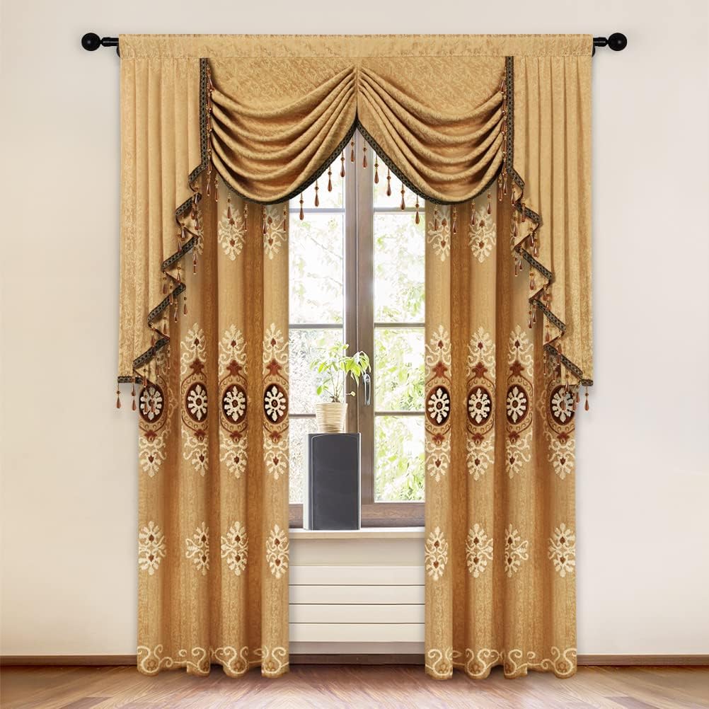 ELKCA Jacquard Waterfall Valance with Luxury Beads Yellow Window Curtains Valance for Living Room,Rod Pocket, 1 Panel (Yellow, W59 inch)