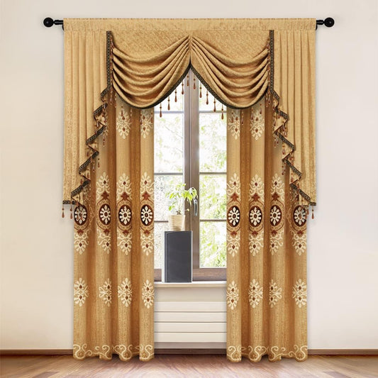 ELKCA Jacquard Waterfall Valance with Luxury Beads Yellow Window Curtains Valance for Living Room,Rod Pocket, 1 Panel (Yellow, W59 inch)