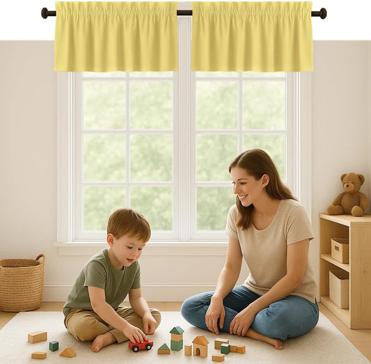 Pale Yellow Valance Curtains 2 Pack, 54x18 Inches, 100% Cotton, Rod Pocket Window Valances, Semi Sheer Short Curtain for Kitchen, Farmhouse, Café, Bedroom, Bathroom, Living Room Décor