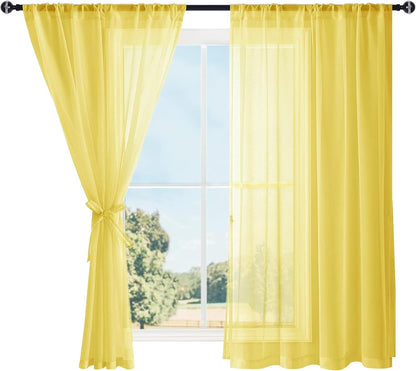 Hiasan Sheer Curtains for Bedroom with Tiebacks, Rod Pocket Light Filtering Lightweight Voile Window Curtains for Living Room, Kids' Room and Kitchen, Yellow, W52 x L45, Set of 2 Soft Drape Panels