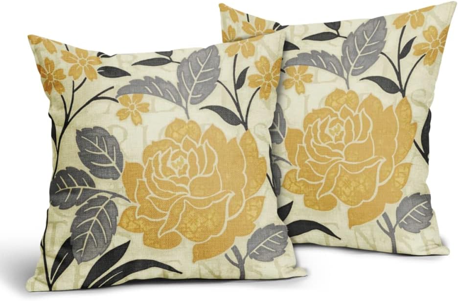 Kawani Grey and Yellow Flower Pillow Covers 20x20 Set of 2 Mustard Yellow Case Soft Decorative Spring Outdoor Cotton Linen Leaf Pillowcases Decor Gifts for Home Patio Couch Sofa (TPC-23042406)