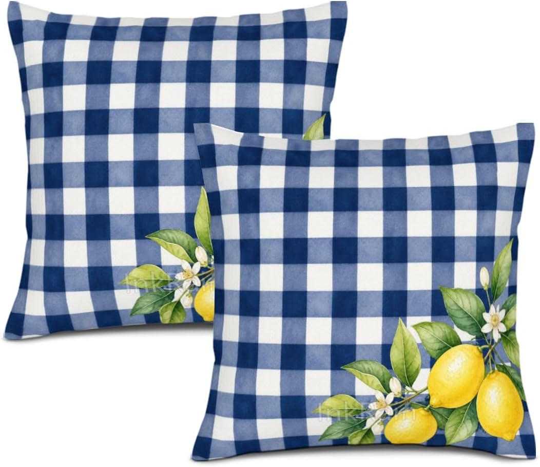 InkRain Lemon Fruit Blue White Gingham Check Grid Pattern Theme Pillow Cover 16x16 Inch Set of 2 Home Decor Summer Spring Kitchen Living House Room Sofa Decorative