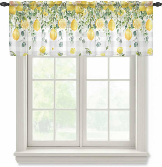 Yellow Lemon Sheer Curtain 18 Inch Long Eucalyptus Leaf Watercolor Plant Gray Plaid Light Filtering Rod Pocket Voile Curtain Valance for Bedroom Kitchen Cafe Window 54" W x 18" L