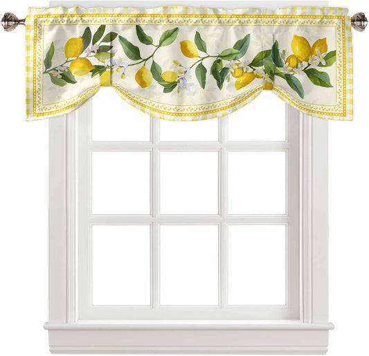 Semi-Sheer Kitchen Valances for Windows, Adjustable Tie Up Valances Curtains Light Filtering, Summer Fruit Lemon Plant Leaves Farmhouse Buffalo Plaid Check Elegant Window Toppers Valances 42x12in