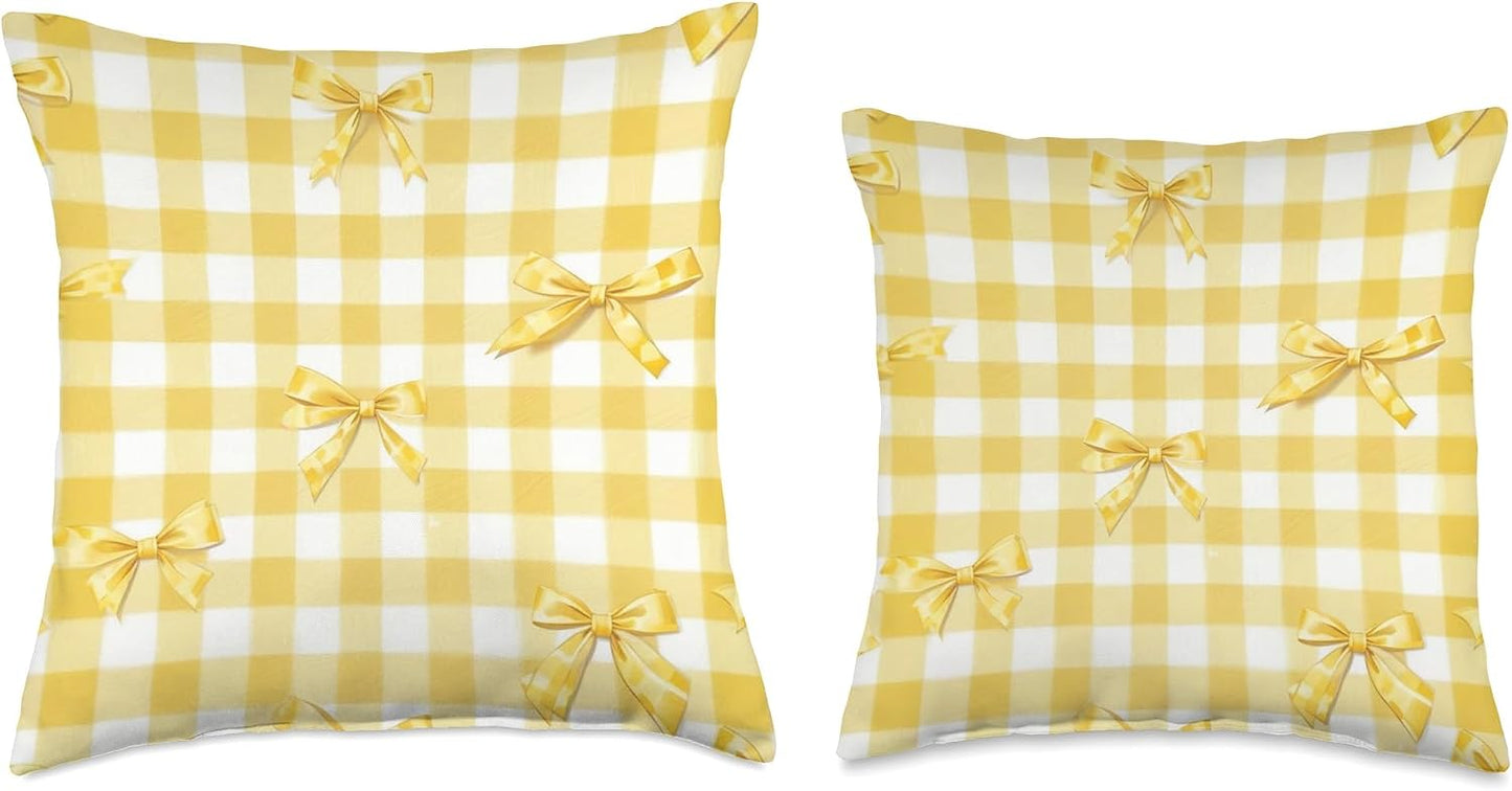 Yellow Coquette Aesthetic Bows Ribbon Patter Throw Pillow