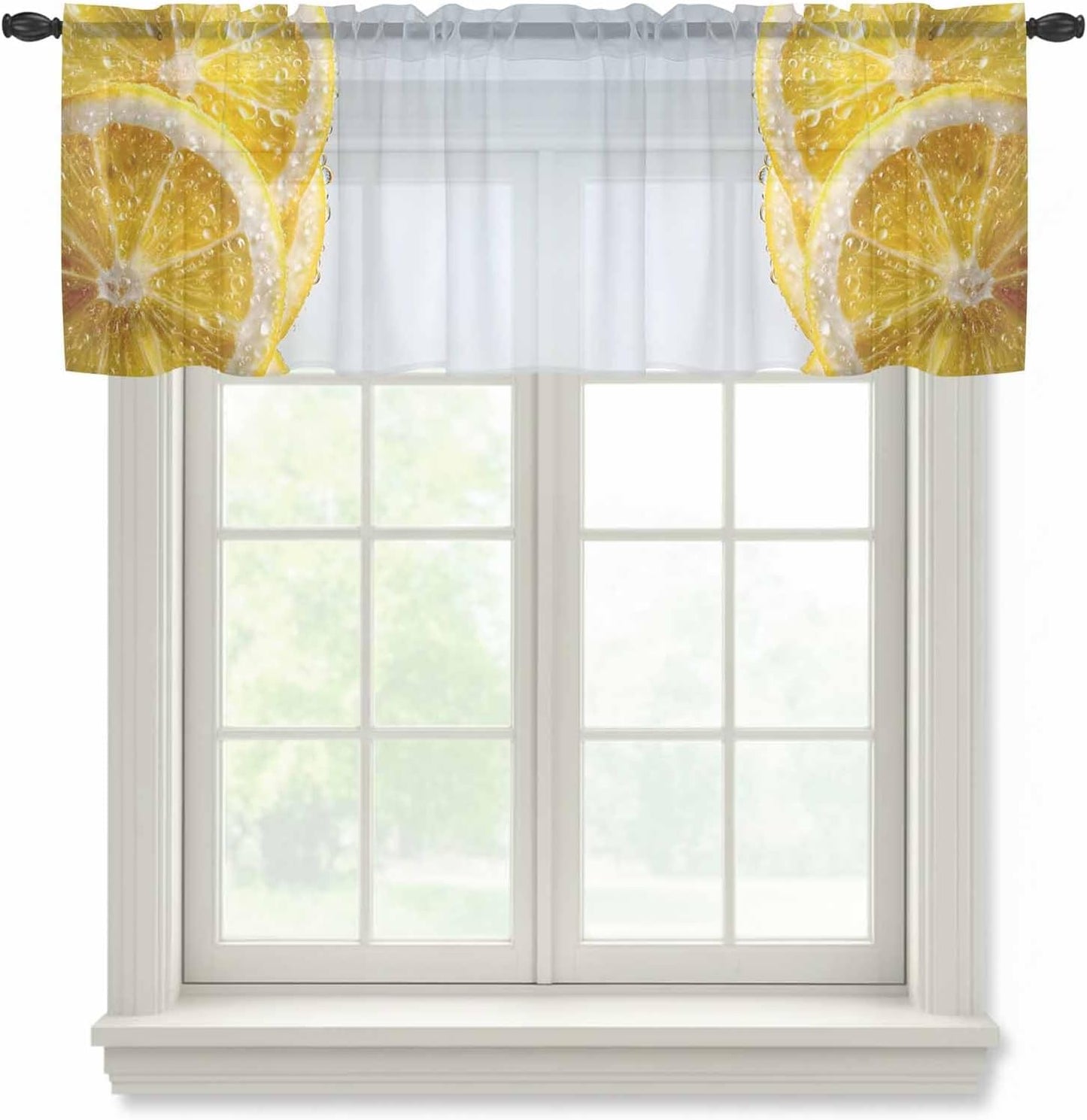 Yellow Lemons Valance Curtains for Kitchen/Living Room/Bathroom/Bedroom Window, Summer Bubble Lemon Slices Fruit Rod Pocket Small Topper Half Short Window Curtains Voile Sheer Scarf, 54"x18"