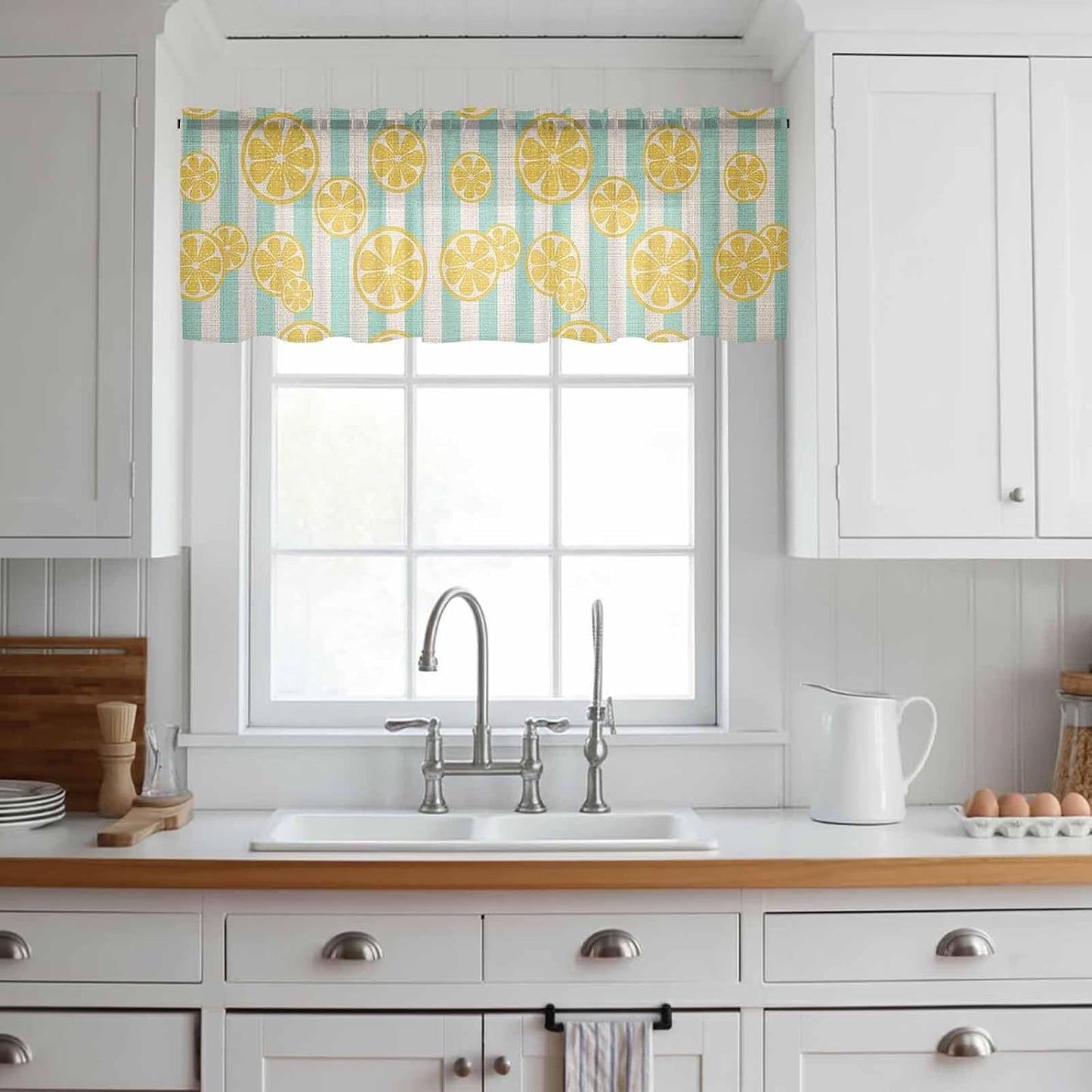Sheer Window Valance Stripes Lemon Summer Semi Voile Short Curtain Rod Pocket Spring Yellow Valances Window Treatment for Bedroom Living Room Kitchen 54x18in