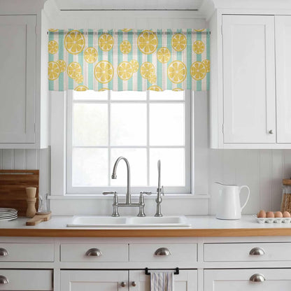 Yellow Lemon Sheer Curtain 18 Inch Long Teal Stripes Linen Background Light Filtering Rod Pocket Voile Curtain Valance for Bedroom Kitchen Cafe Window 54" W x 18" L