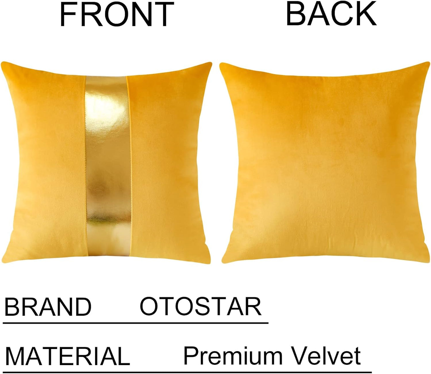 Artscope Yellow Velvet Throw Pillow Covers with Gold Leather Stitching Luxury Modern Minimalist Square Pillowcase Cushion Covers for Bed Couch Sofa 18x18Inch Set of 2