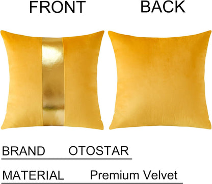 Artscope Yellow Velvet Throw Pillow Covers with Gold Leather Stitching Luxury Modern Minimalist Square Pillowcase Cushion Covers for Bed Couch Sofa 18x18Inch Set of 2