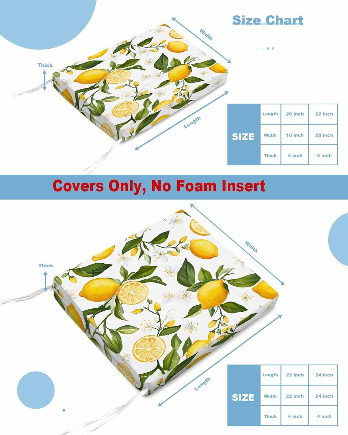 Lemon Summer Outdoor Cushion Cover Floral Lemon Yellow Green Waterproof Patio Chair Seat Slipcovers with Zipper & Tie Couch Cushion Covers Furniture Protector, 2 Pcs, 20"x18"x4"
