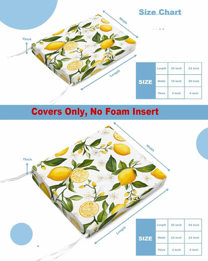 Lemon Summer Outdoor Cushion Cover Floral Lemon Yellow Green Waterproof Patio Chair Seat Slipcovers with Zipper & Tie Couch Cushion Covers Furniture Protector, 2 Pcs, 20"x18"x4"