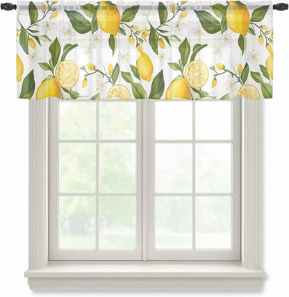 Lemon Summer Sheer Curtain 18 Inch Long Floral Lemon Yellow Green Light Filtering Rod Pocket Voile Curtain Valance for Bedroom Kitchen Cafe Window 54" W x 18" L