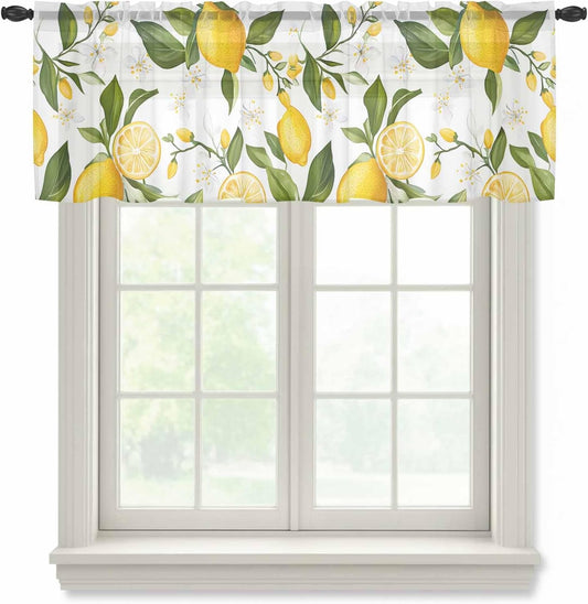 Lemon Summer Sheer Curtain 18 Inch Long Floral Lemon Yellow Green Light Filtering Rod Pocket Voile Curtain Valance for Bedroom Kitchen Cafe Window 54" W x 18" L