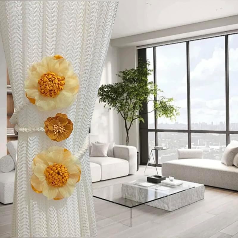 2 Packs Flower Curtain Buckle,Handmade Artificial Flower Curtain Holdbacks Clips,Flexible Curtain Tiebacks Clips Elegant Decorative for Living Room Bedroom(Yellow)