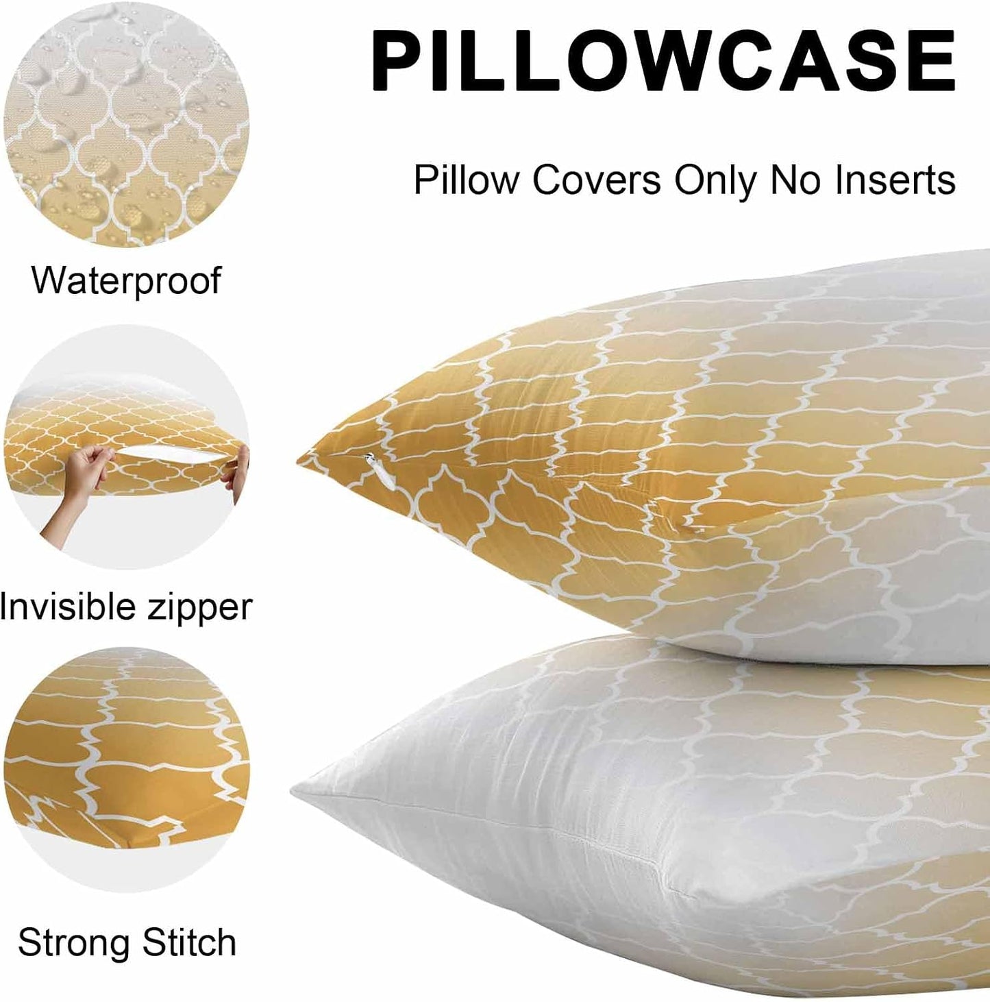 Outdoor Pillow Cover 20x12inch Set of 2, Yellow Gradient Moroccan Pattern Waterproof Decorative Throw Pillow Cover for Couch Sofa, White Stripes Buffalo Check Cushion Cases for Patio Garden